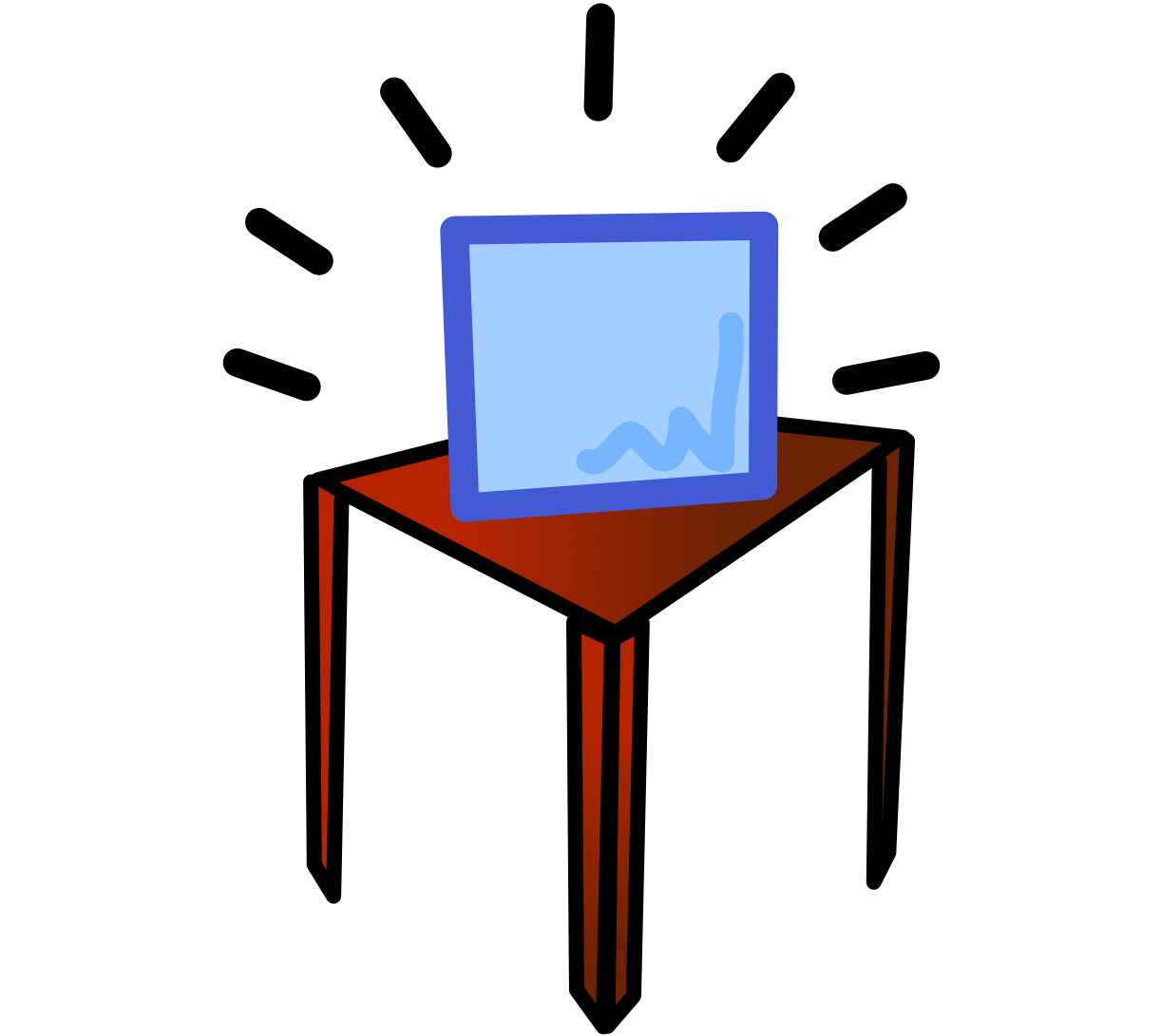  a blue square on a 3D brown table with emphasis lines arching around it